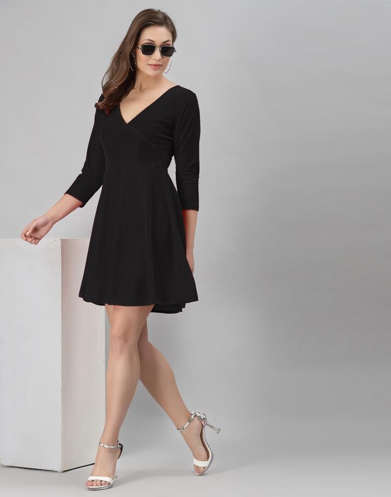 Black Coloured Velvet Lycra Plain Dress | Sudathi