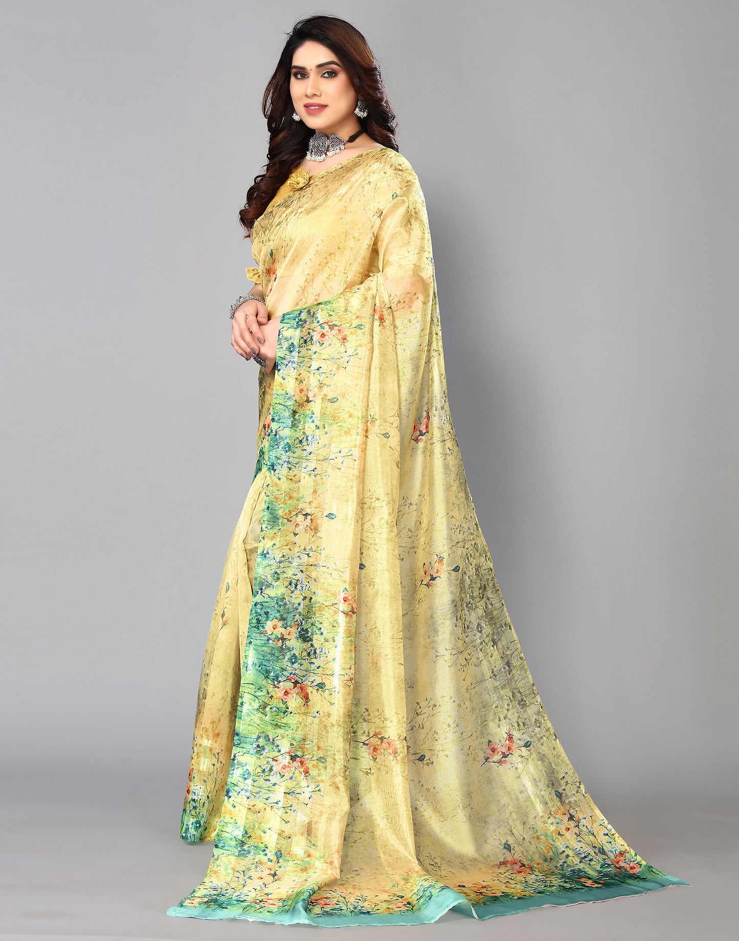 Yellow Silk Floral Printed Saree