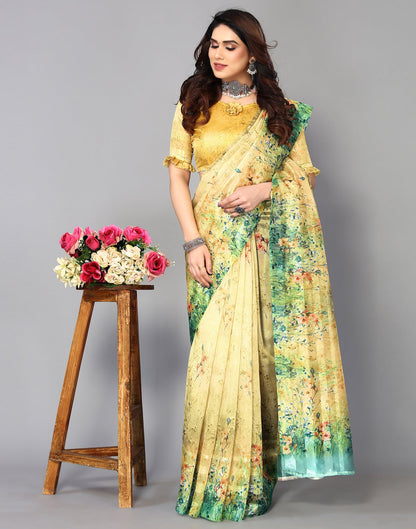 Yellow Silk Floral Printed Saree