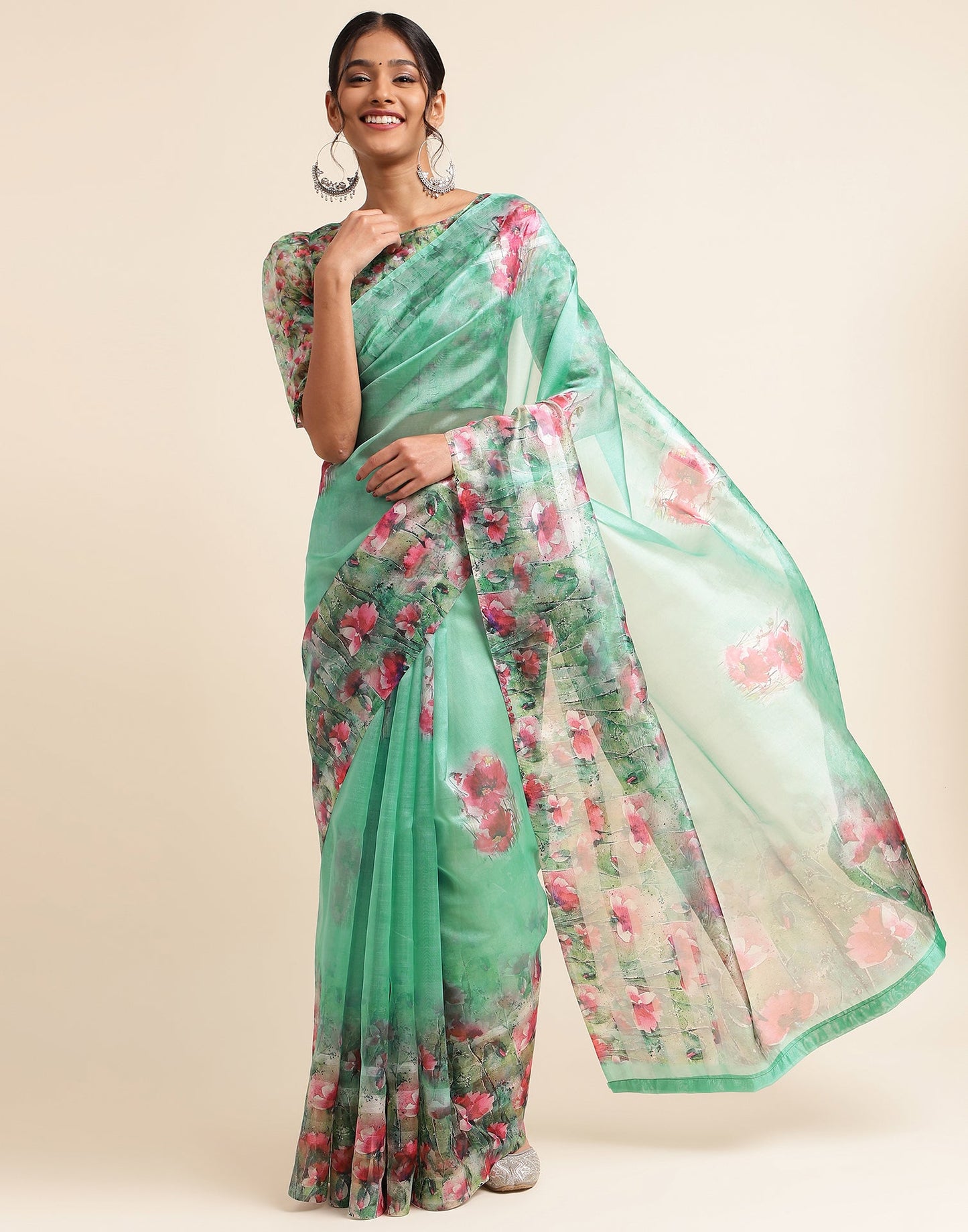Green Silk Floral Printed Saree