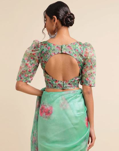 Green Silk Floral Printed Saree