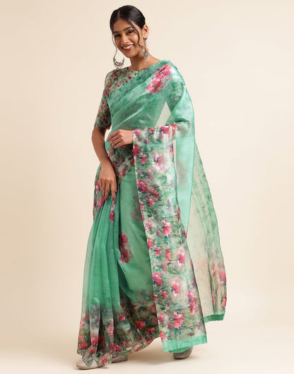 Green Silk Floral Printed Saree