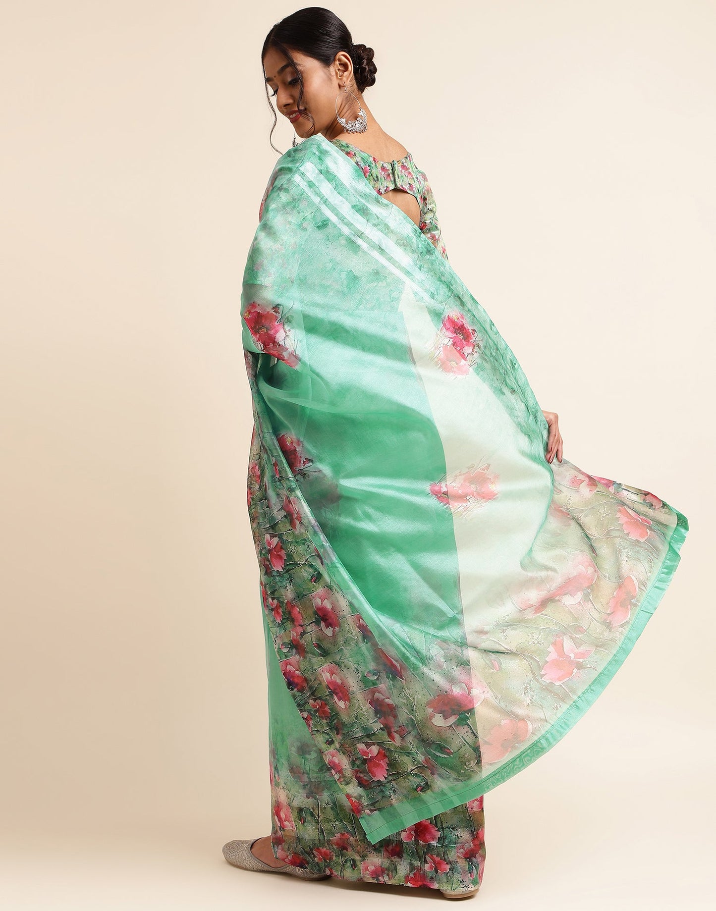 Green Silk Floral Printed Saree