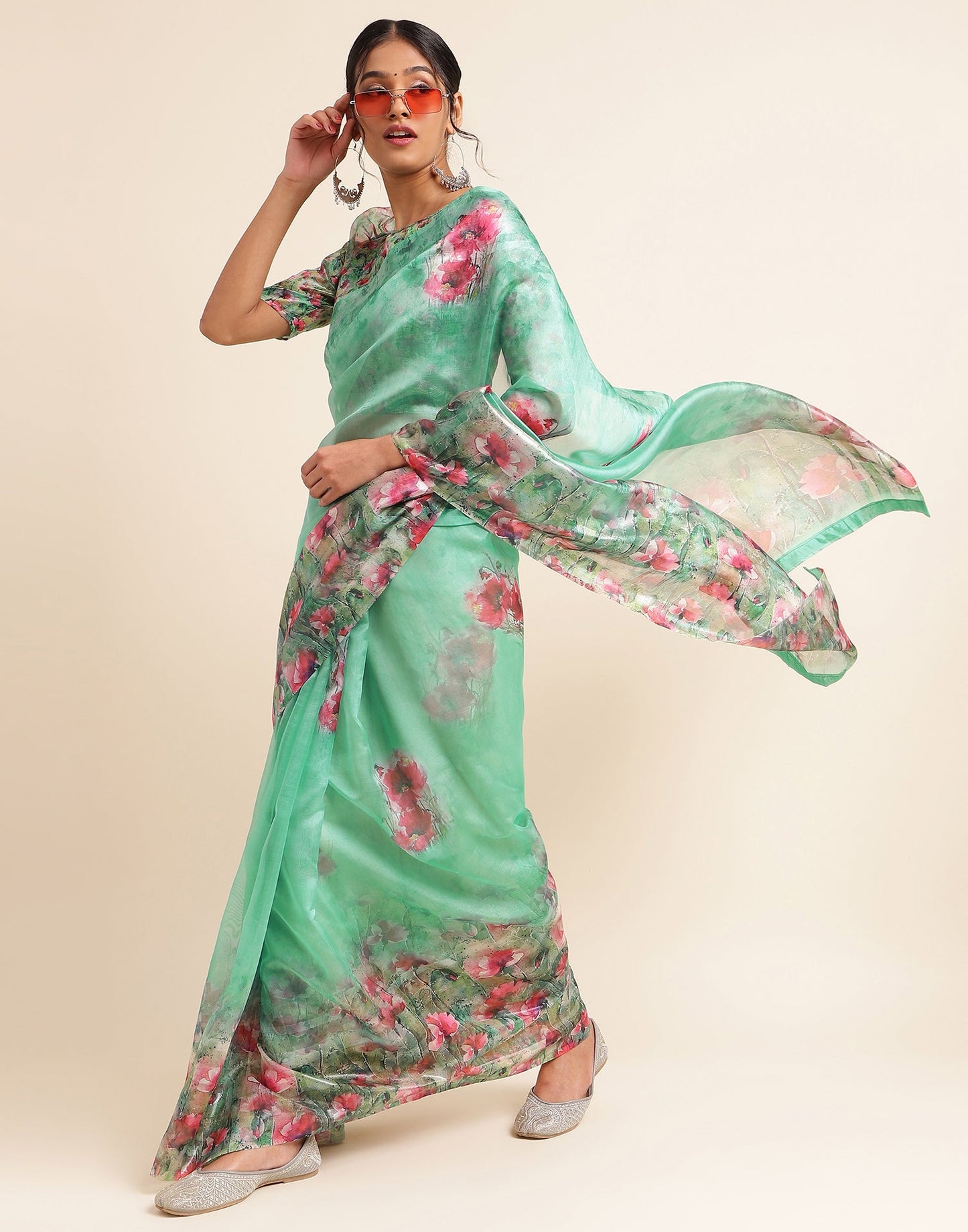 Green Silk Floral Printed Saree