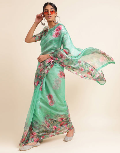 Green Silk Floral Printed Saree