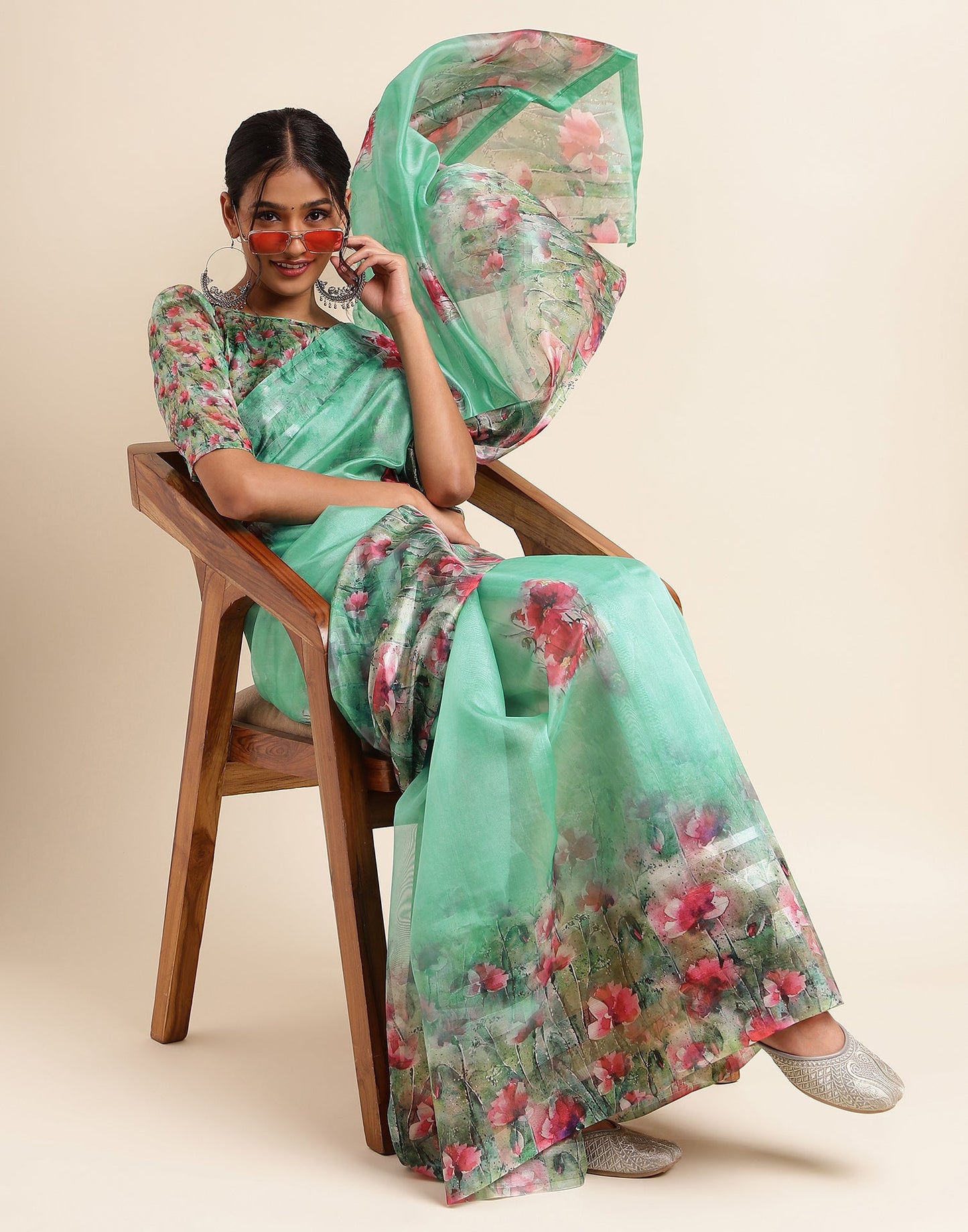 Green Silk Floral Printed Saree