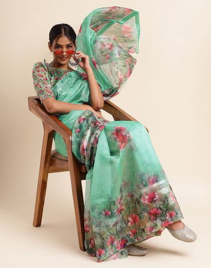 Green Silk Floral Printed Saree