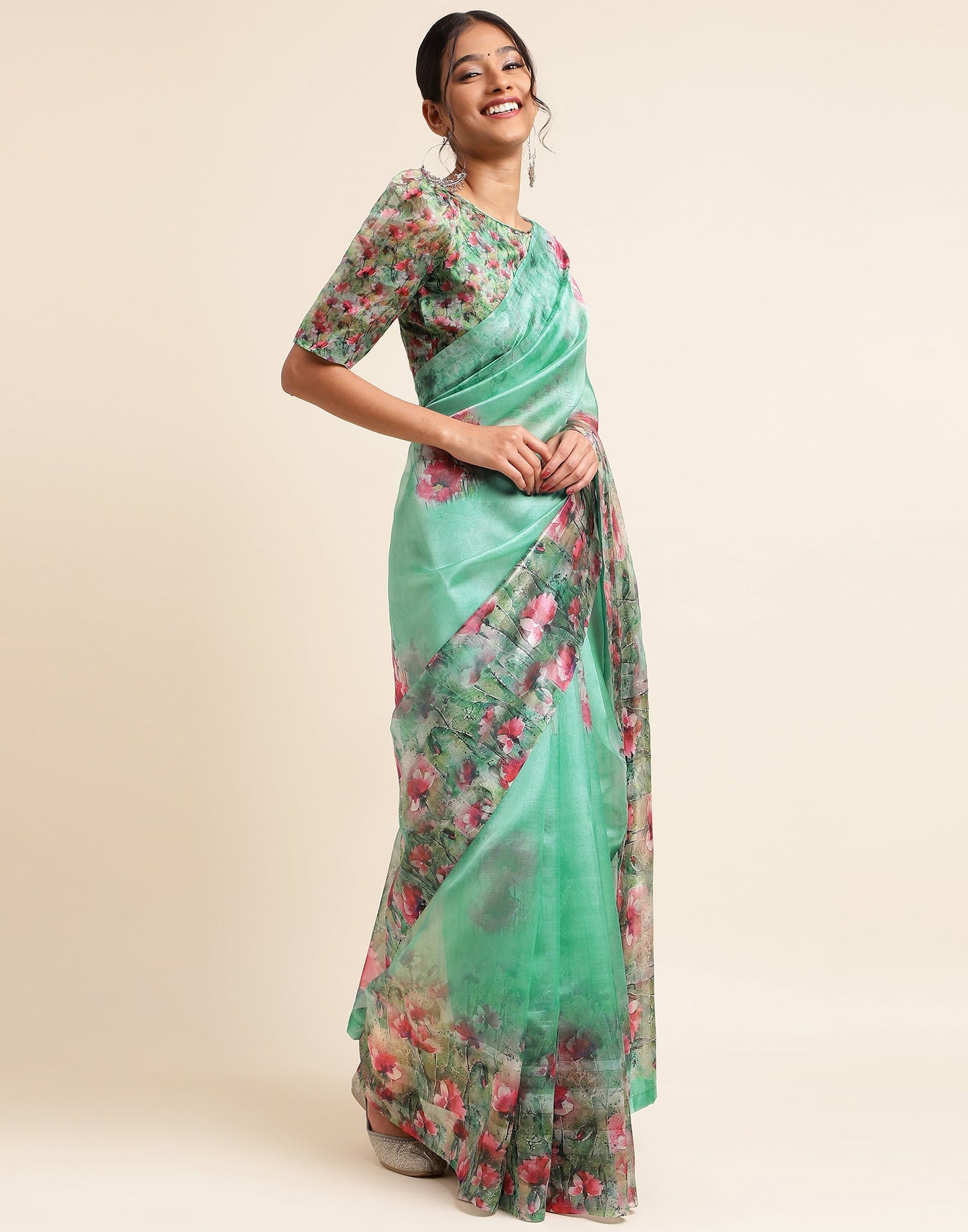 Green Silk Floral Printed Saree