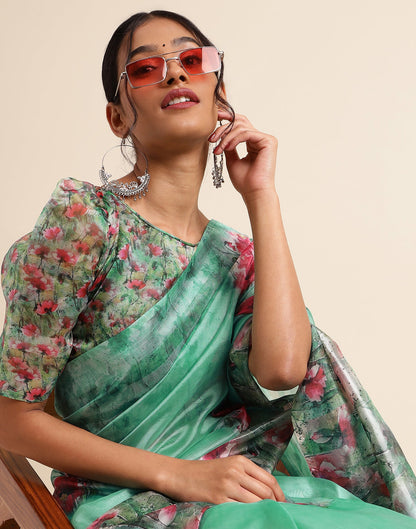Green Silk Floral Printed Saree