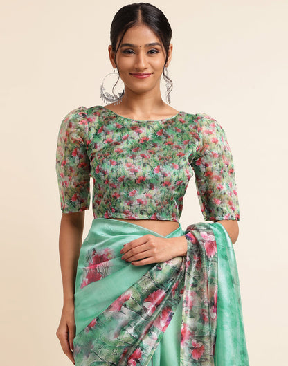 Green Silk Floral Printed Saree