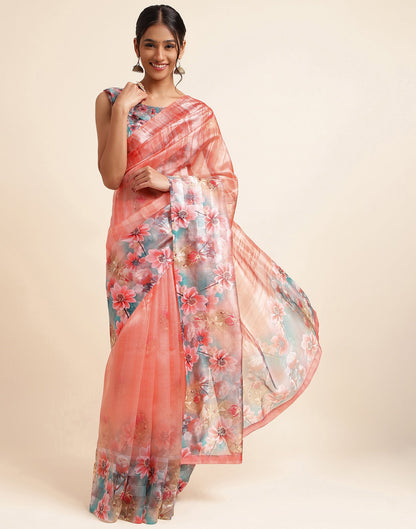 Light Orange Silk Floral Printed Saree