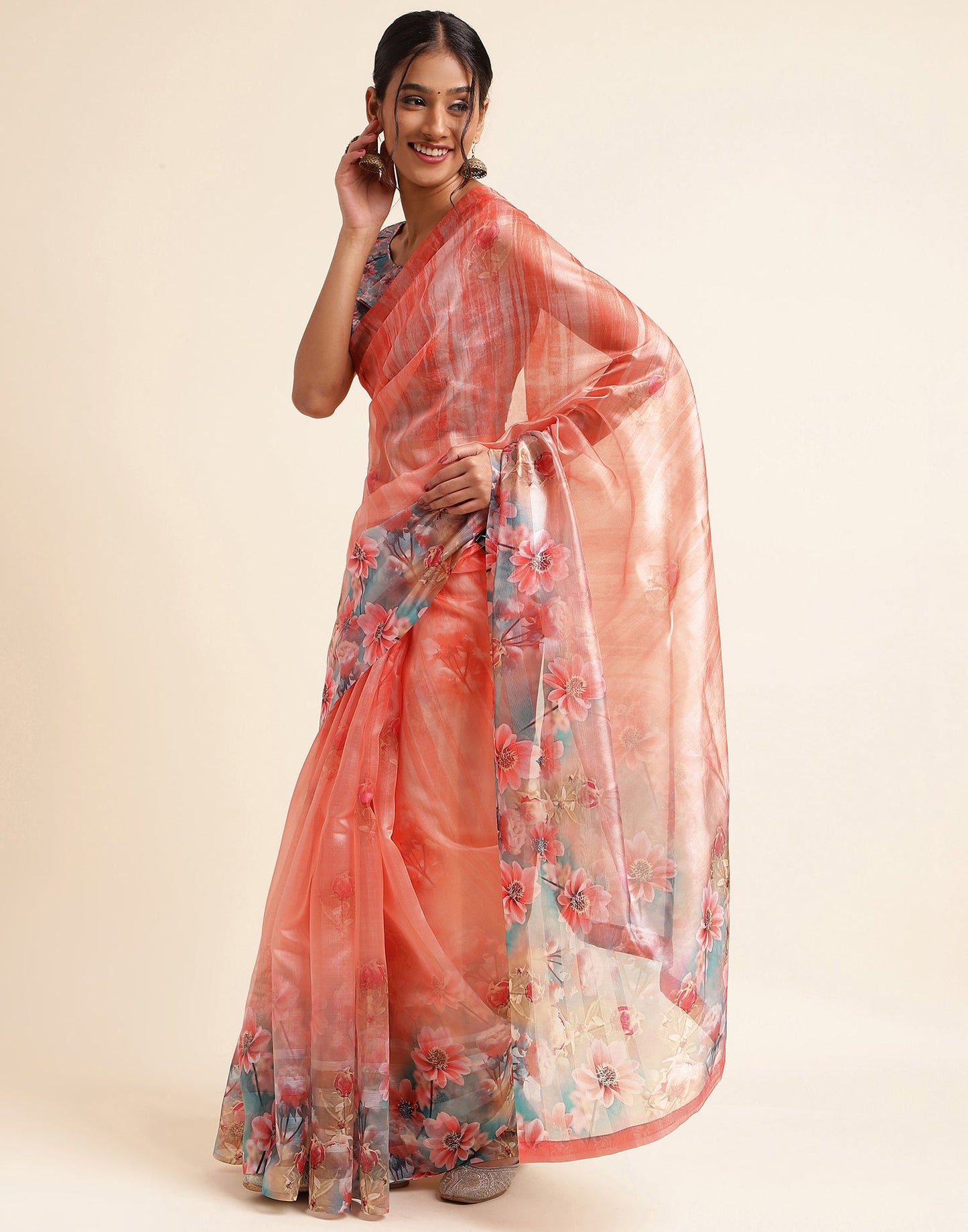 Light Orange Silk Floral Printed Saree