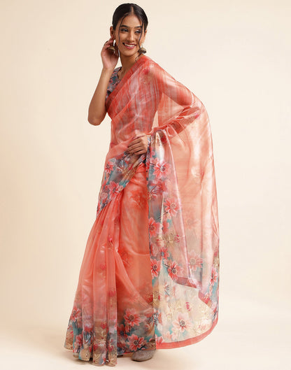 Light Orange Silk Floral Printed Saree