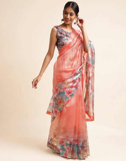 Light Orange Silk Floral Printed Saree