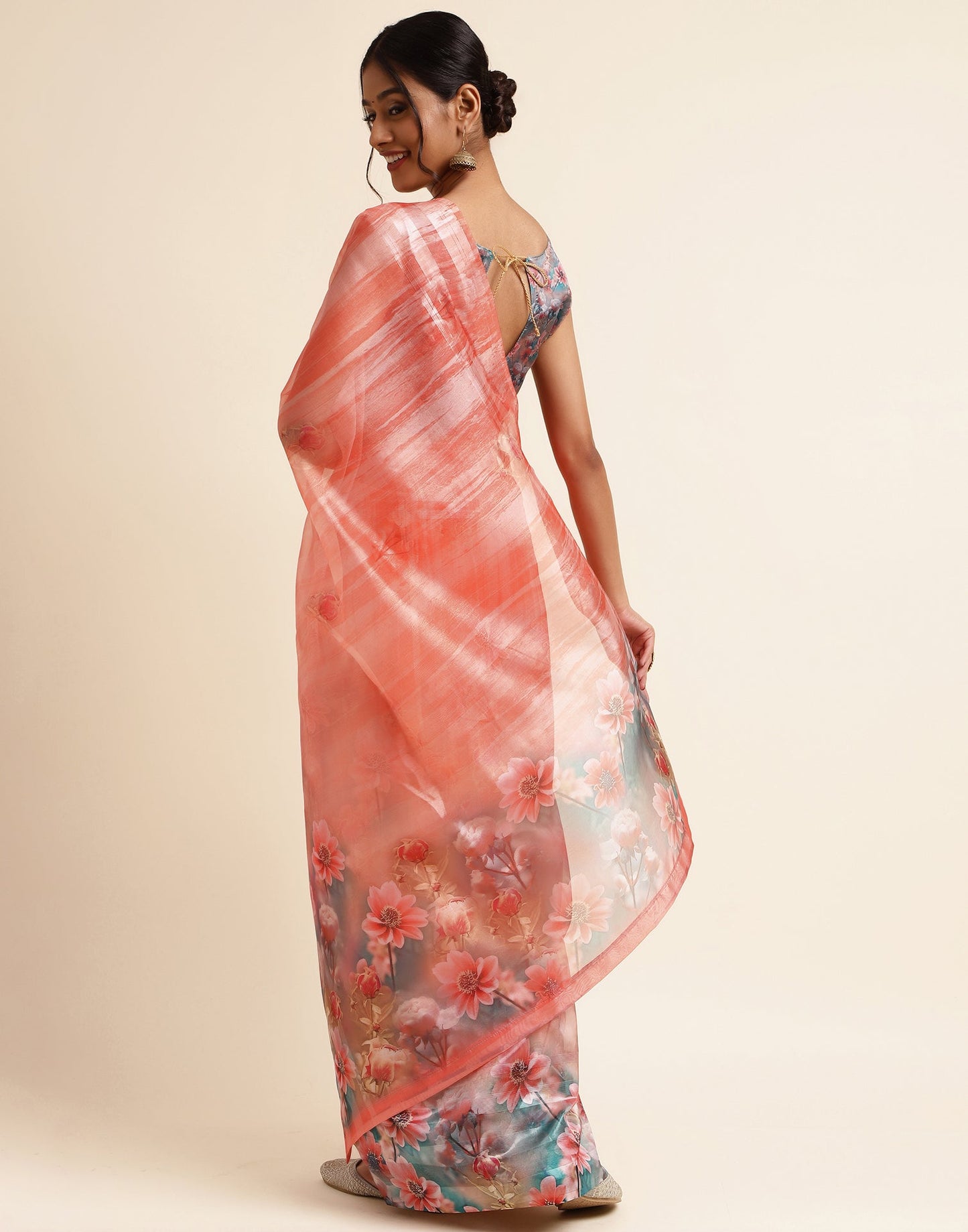 Light Orange Silk Floral Printed Saree