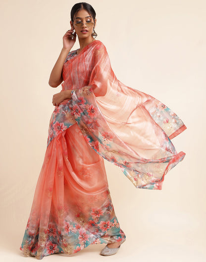 Light Orange Silk Floral Printed Saree