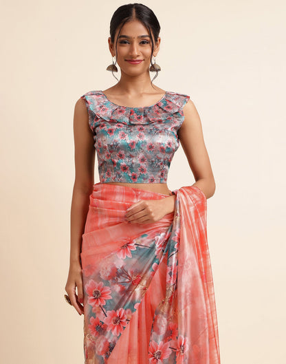 Light Orange Silk Floral Printed Saree