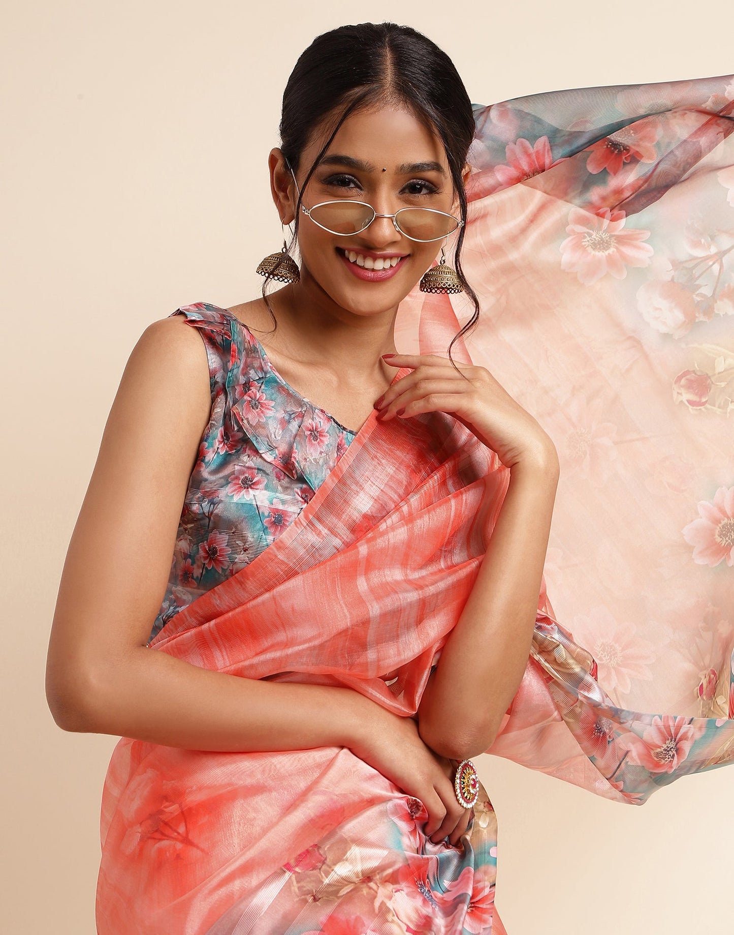 Light Orange Silk Floral Printed Saree