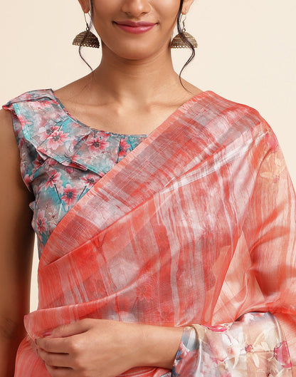 Light Orange Silk Floral Printed Saree