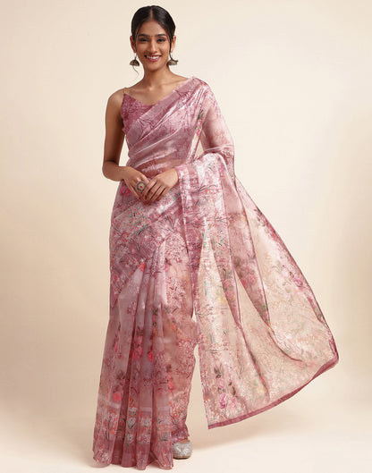 Dusty Pink Silk Floral Printed Saree