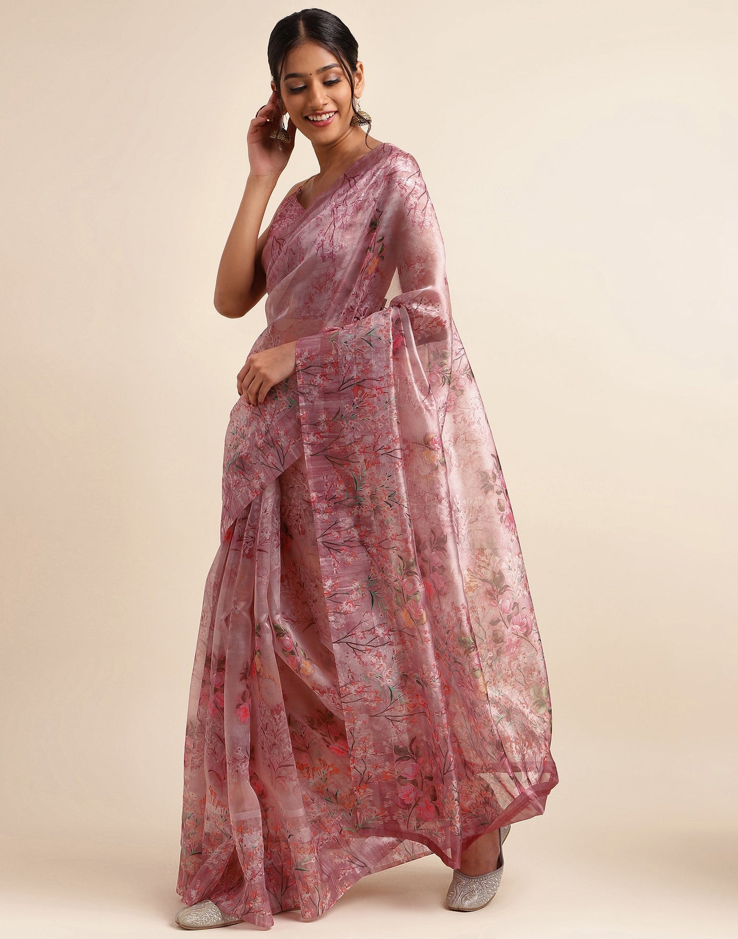 Dusty Pink Silk Floral Printed Saree