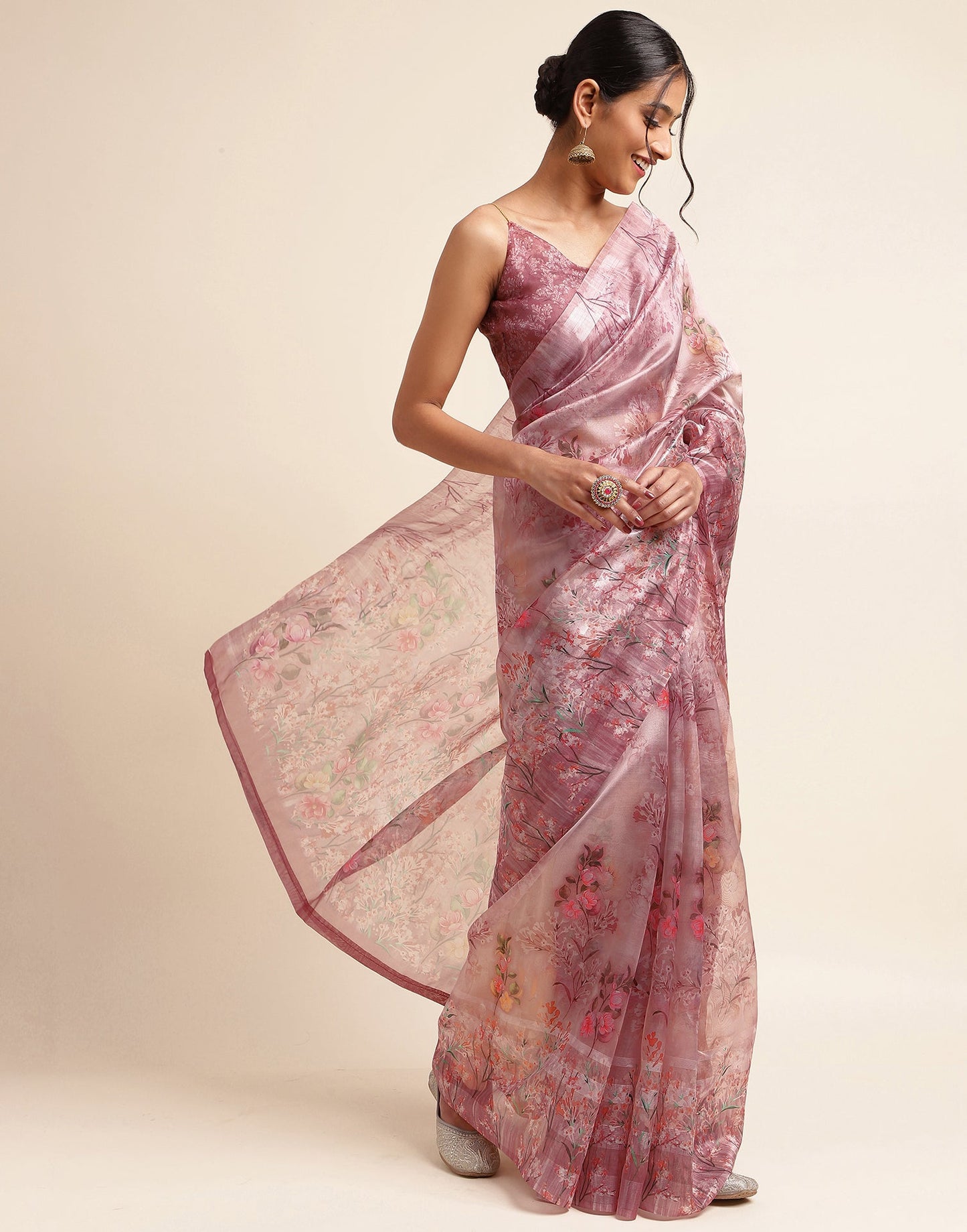 Dusty Pink Silk Floral Printed Saree