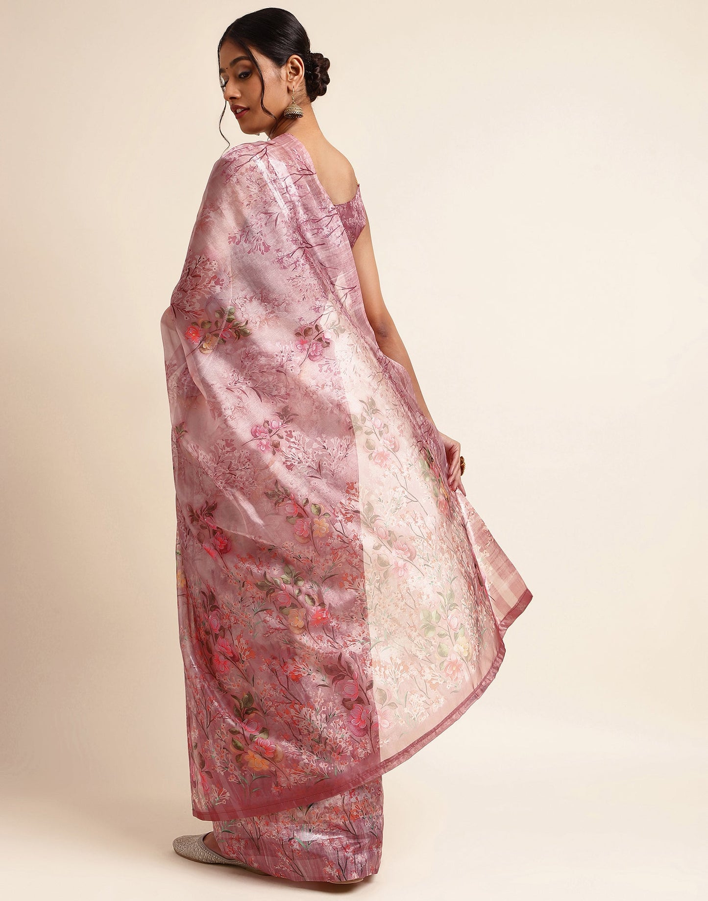 Dusty Pink Silk Floral Printed Saree