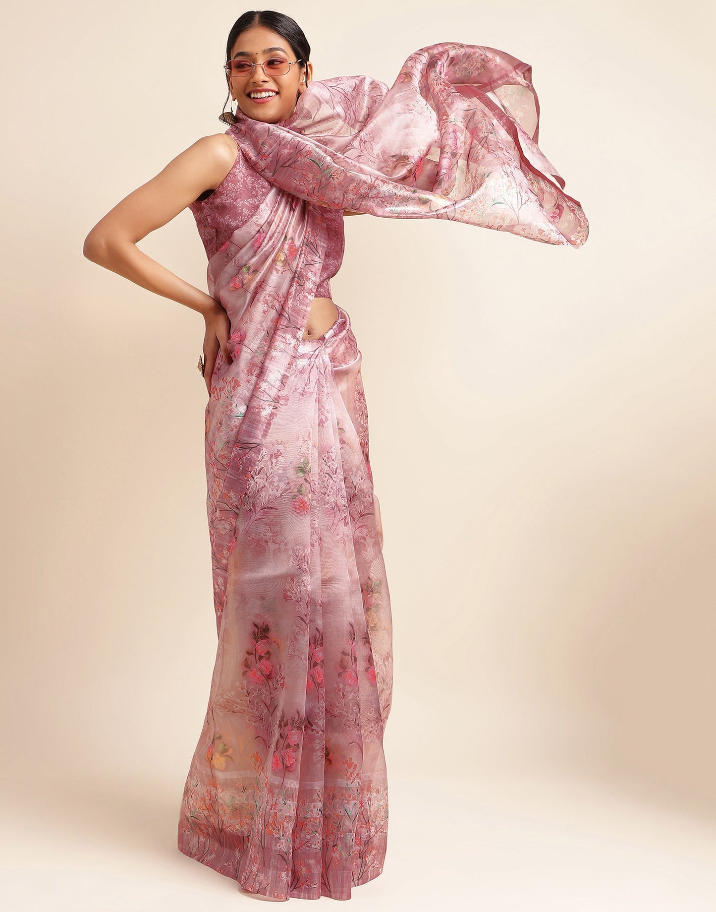 Dusty Pink Silk Floral Printed Saree