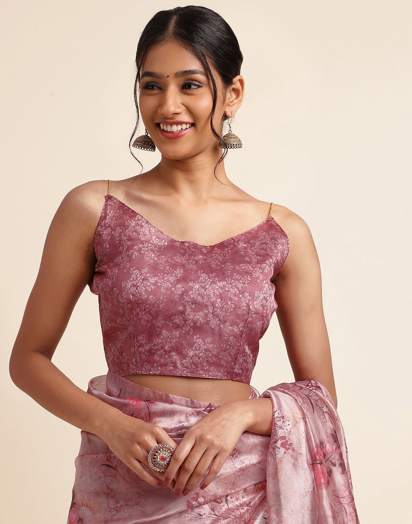 Dusty Pink Silk Floral Printed Saree