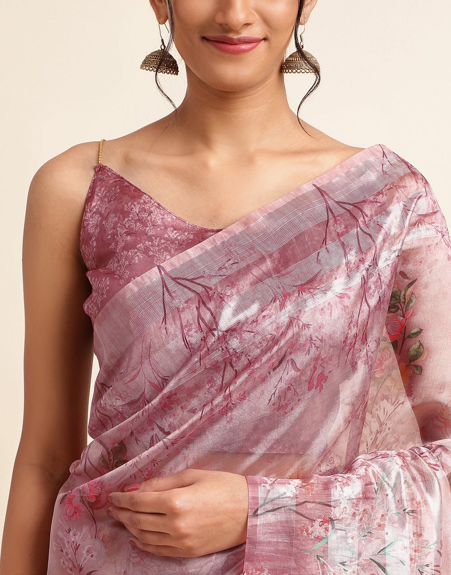 Dusty Pink Silk Floral Printed Saree
