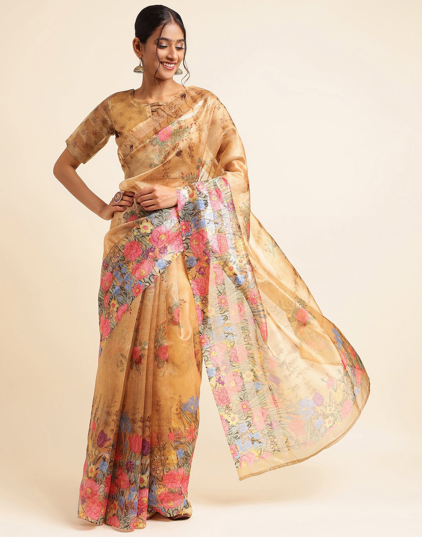 Light Brown Silk Floral Printed Saree