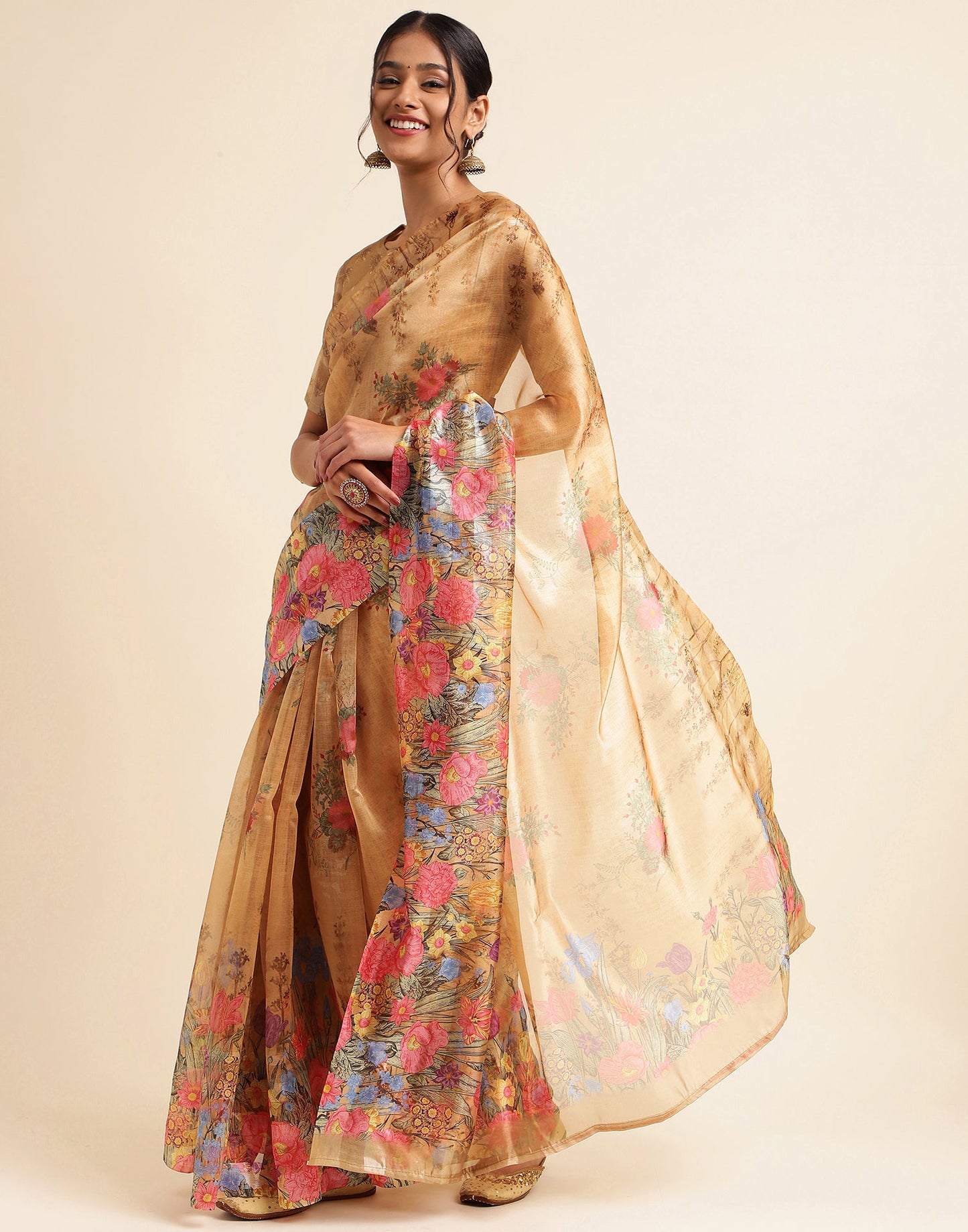 Light Brown Silk Floral Printed Saree