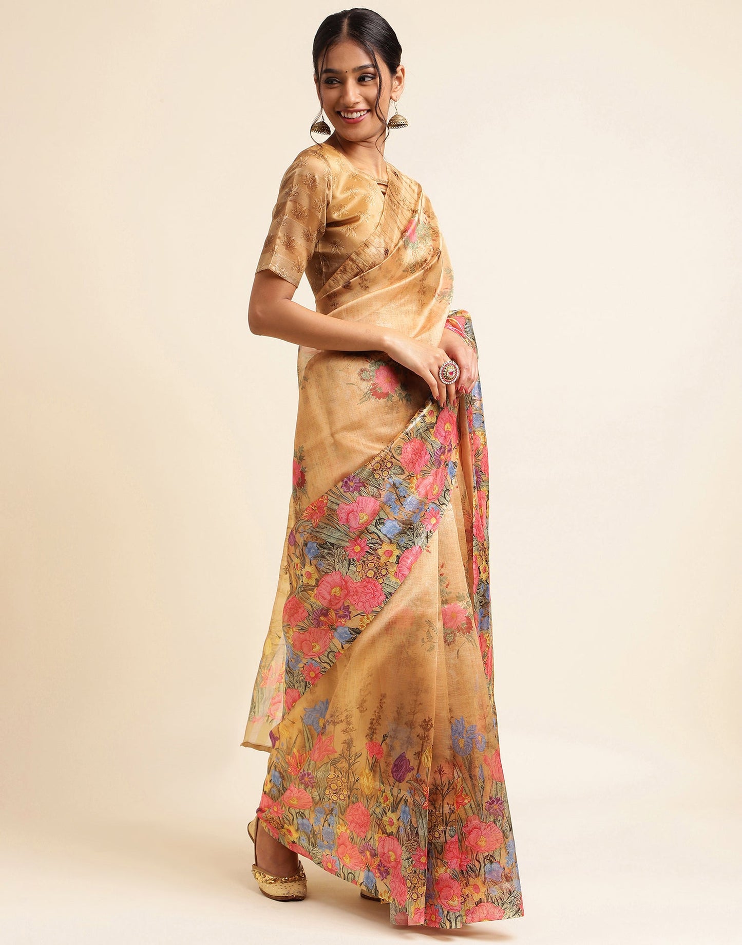 Light Brown Silk Floral Printed Saree