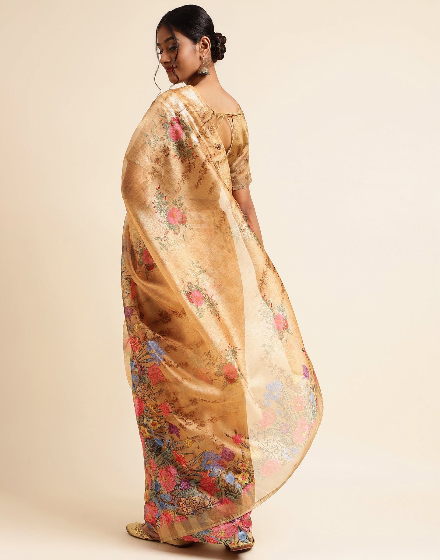 Light Brown Silk Floral Printed Saree