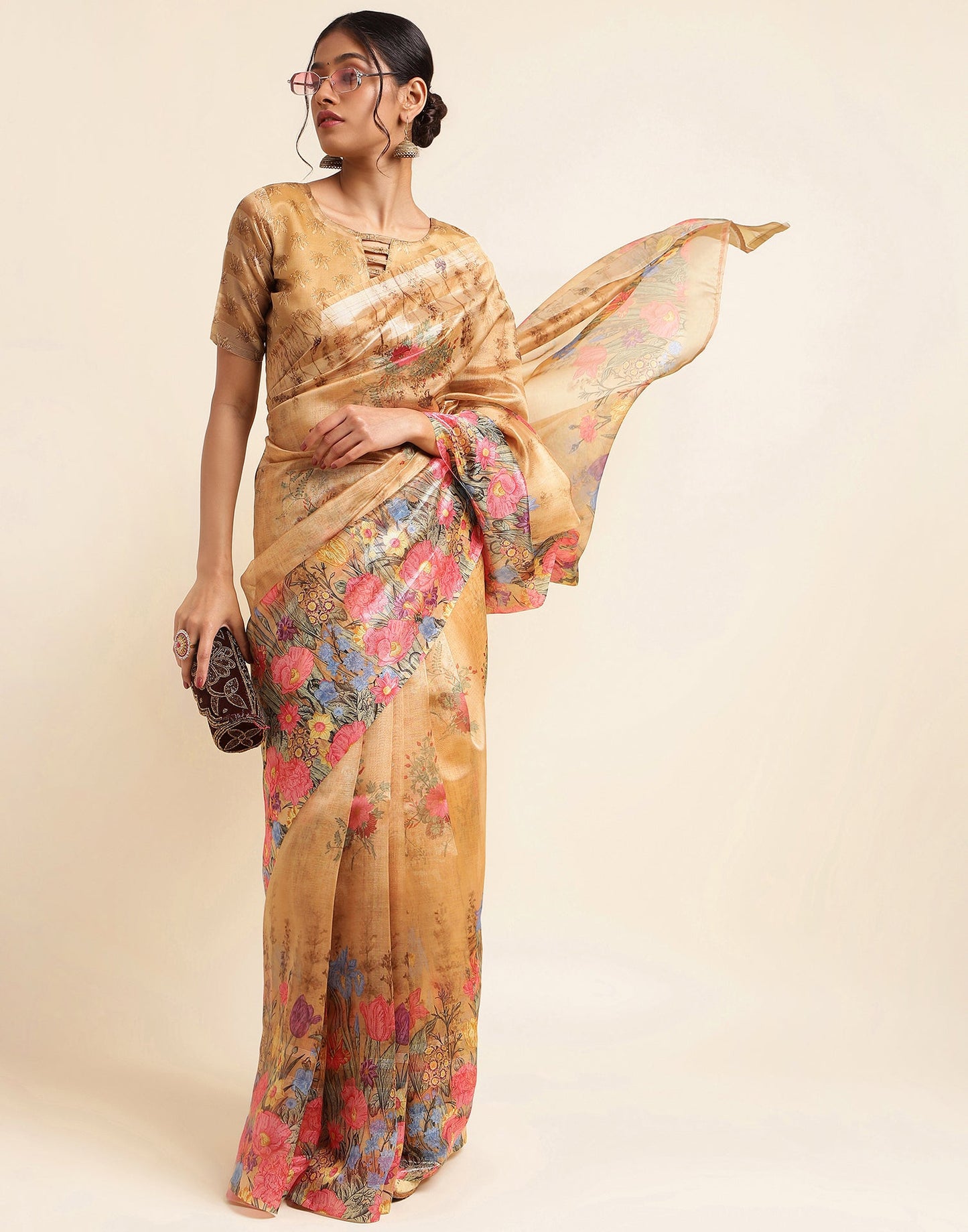 Light Brown Silk Floral Printed Saree