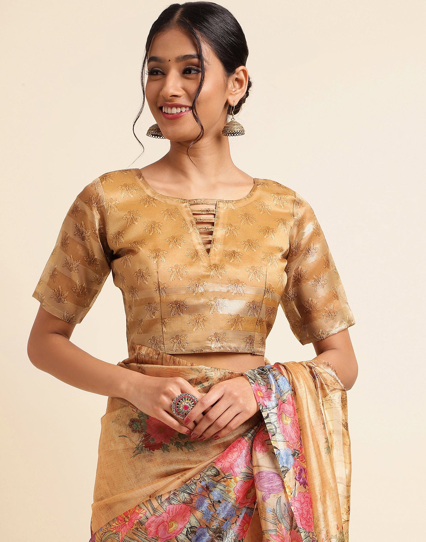 Light Brown Silk Floral Printed Saree