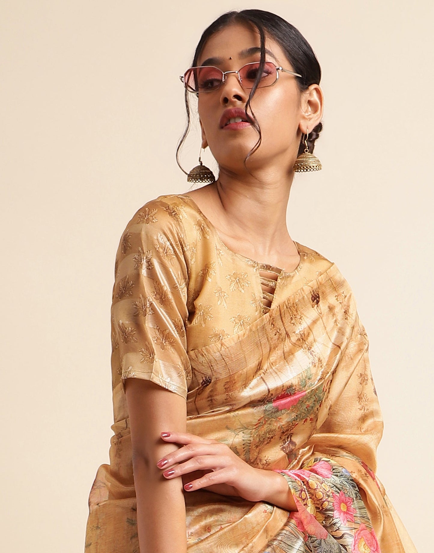Light Brown Silk Floral Printed Saree