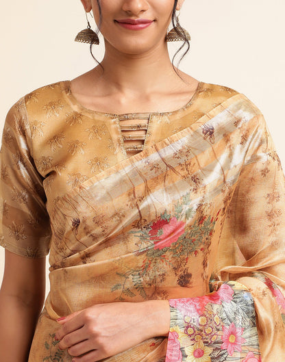 Light Brown Silk Floral Printed Saree