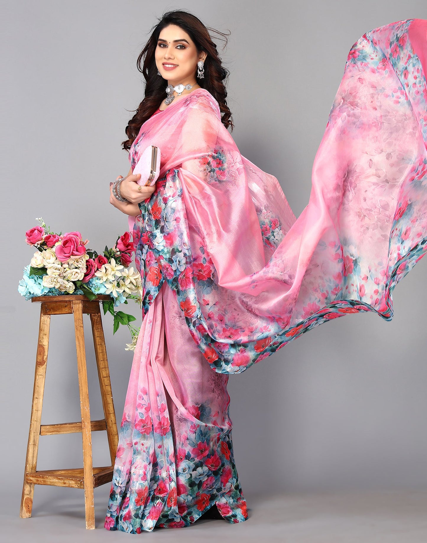 Light Pink Silk Floral Printed Saree