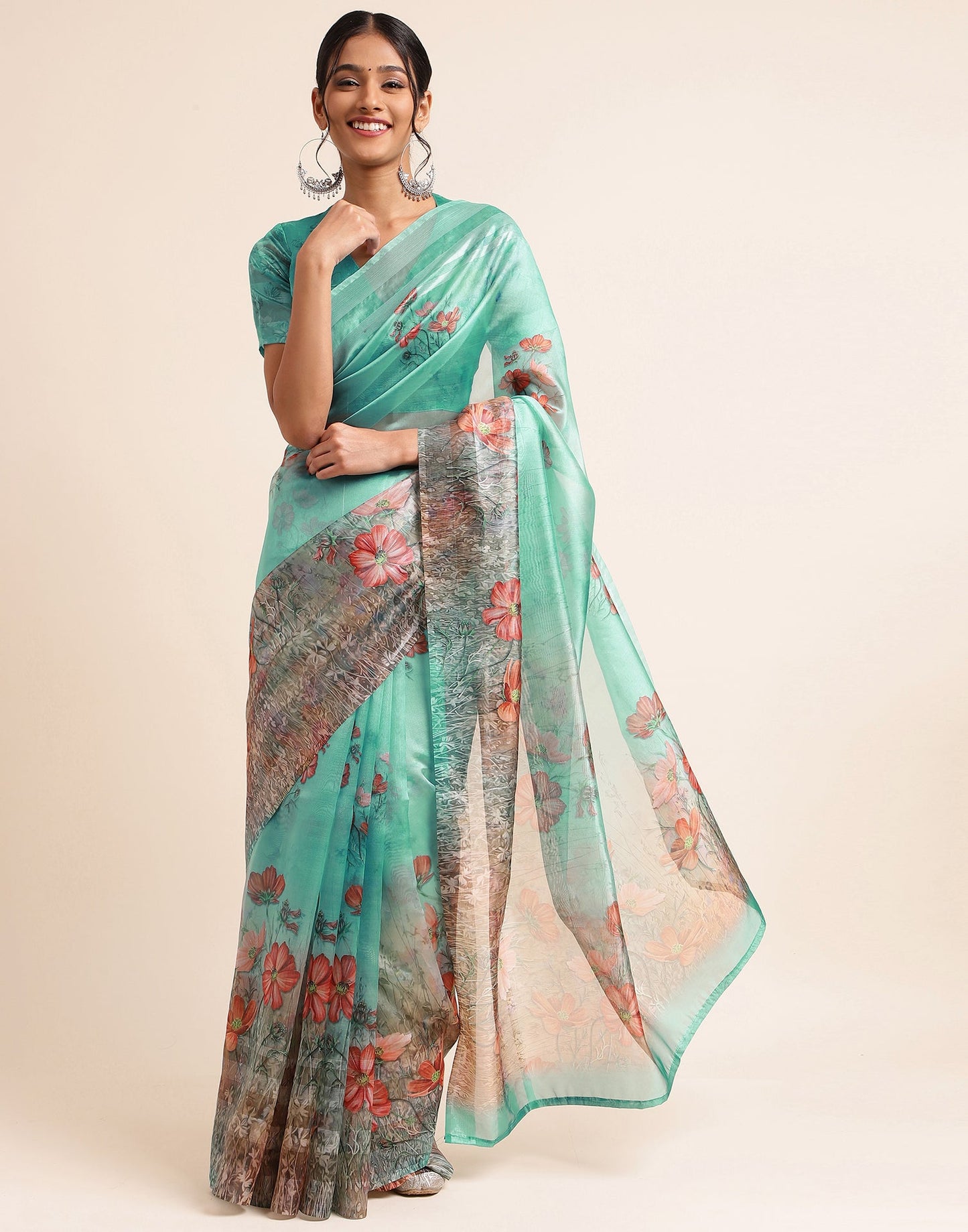 Light Green Silk Floral Printed Saree