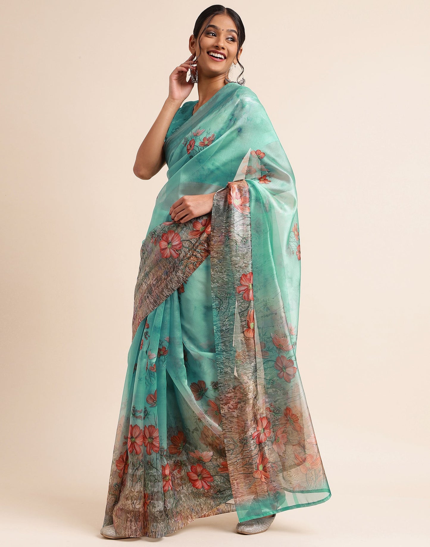 Light Green Silk Floral Printed Saree