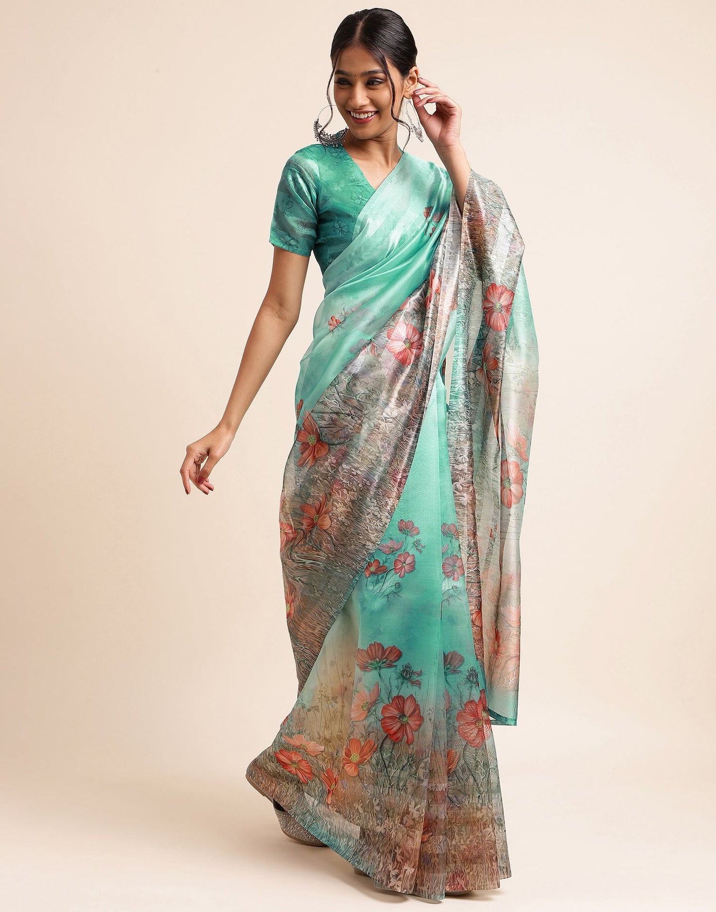 Light Green Silk Floral Printed Saree