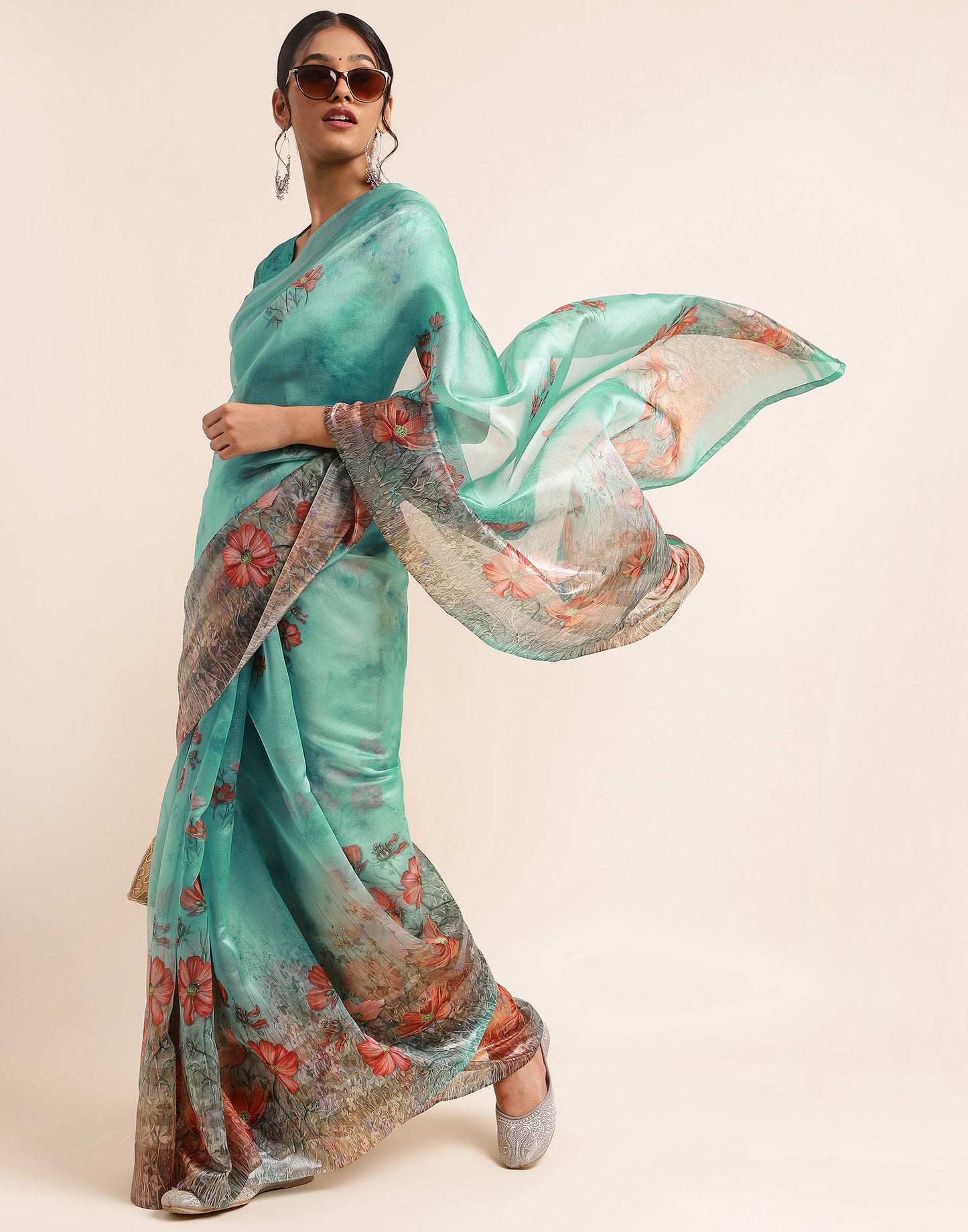 Light Green Silk Floral Printed Saree