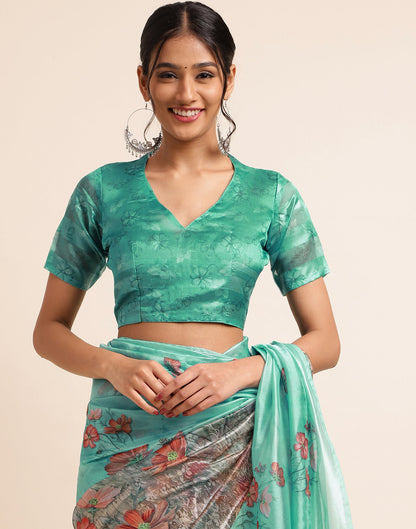 Light Green Silk Floral Printed Saree
