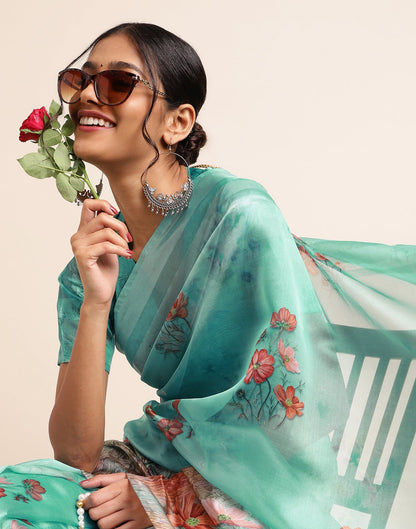 Light Green Silk Floral Printed Saree