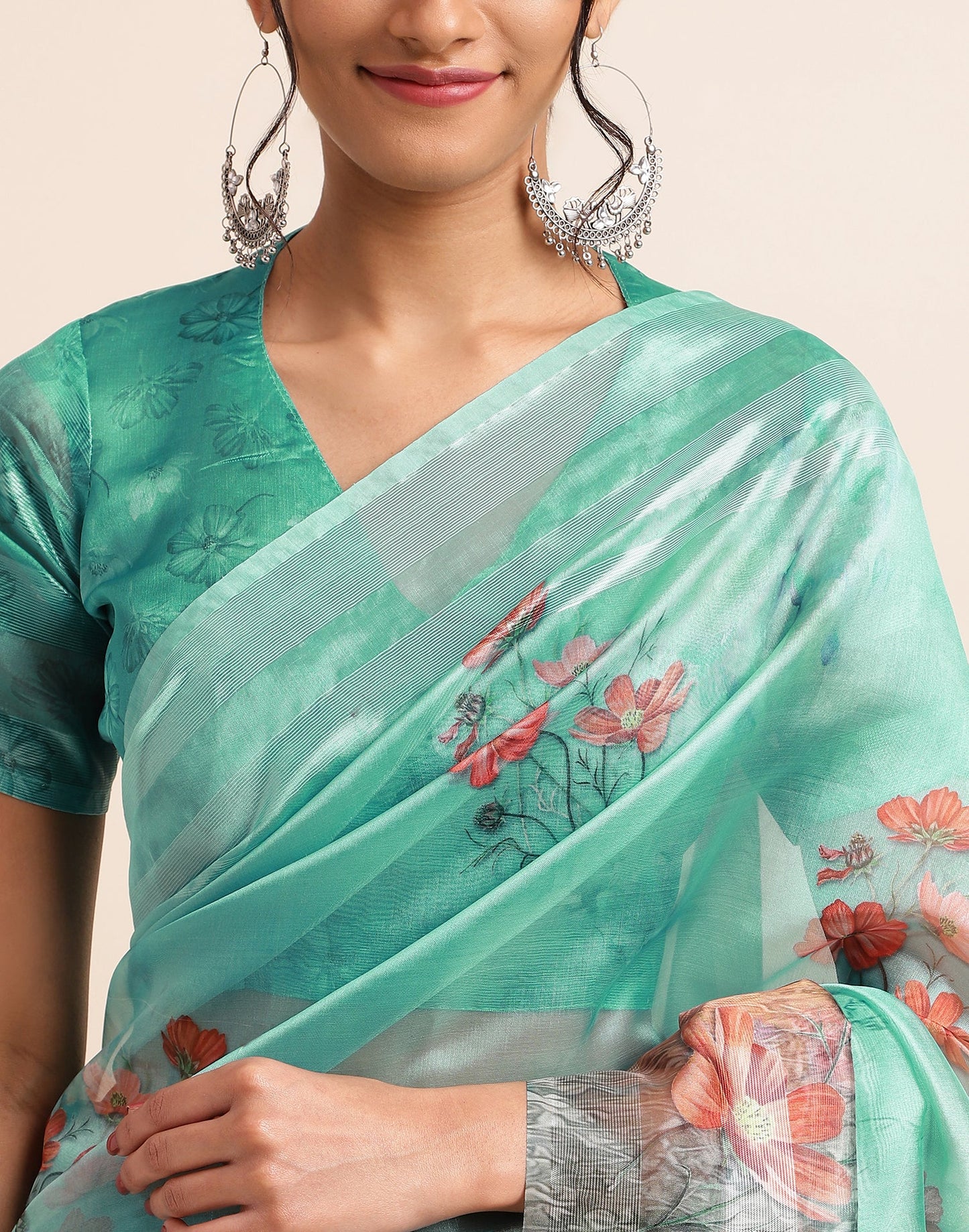 Light Green Silk Floral Printed Saree