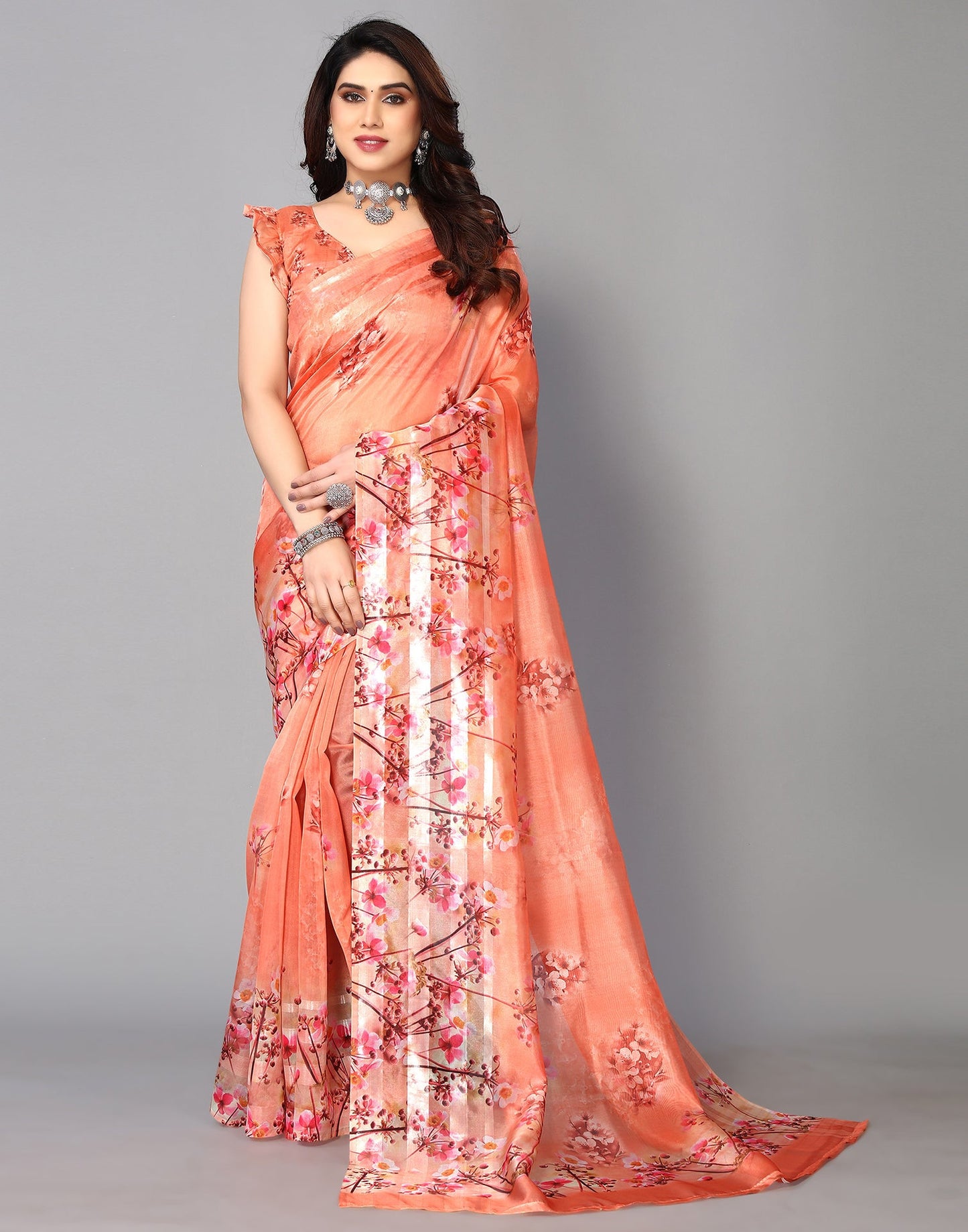 Orange Silk Floral Printed Saree