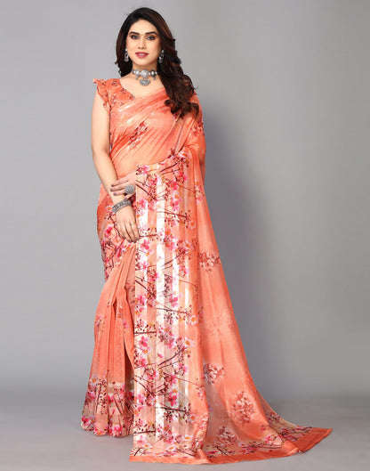 Orange Silk Floral Printed Saree