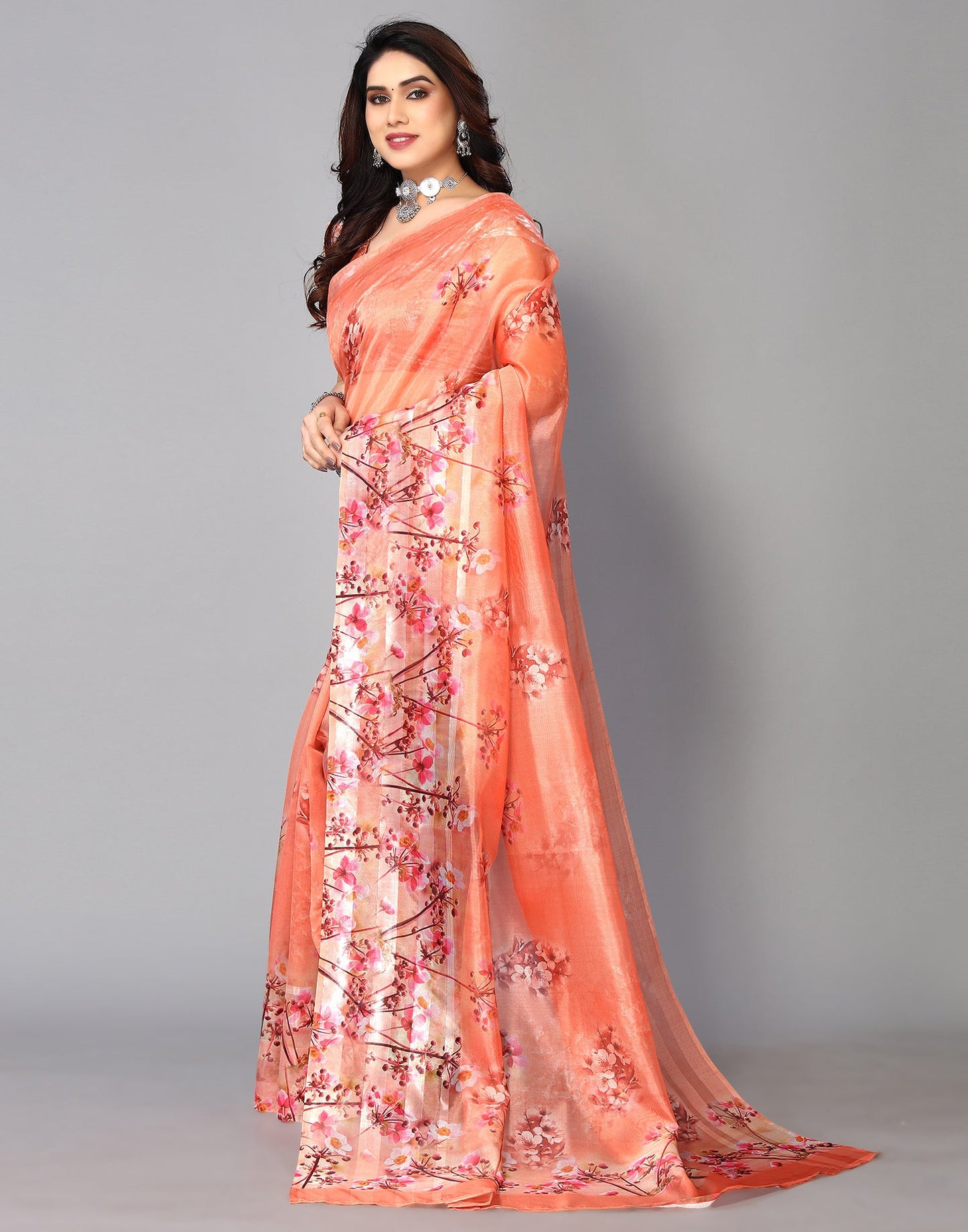 Orange Silk Floral Printed Saree