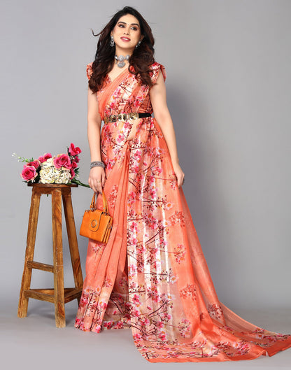 Orange Silk Floral Printed Saree
